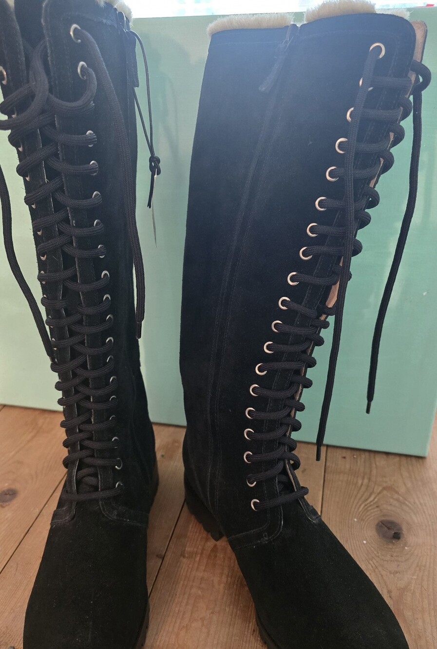 New Black Side-Zip Lace-Up Knee-High Suede Boots